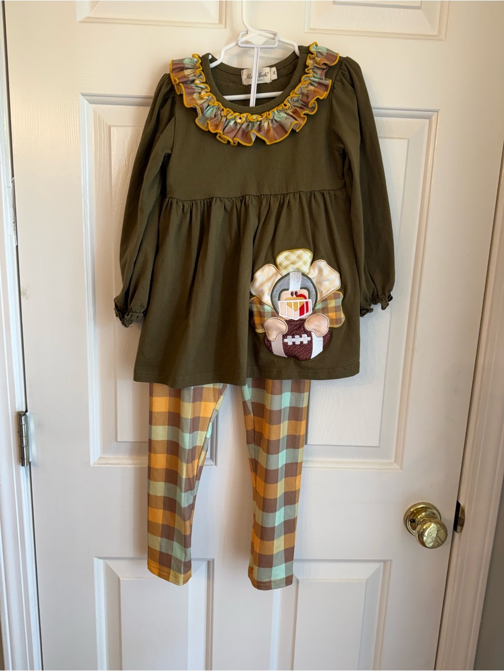 Olive Ruffle Collar Turkey Applique Kids Costume Set